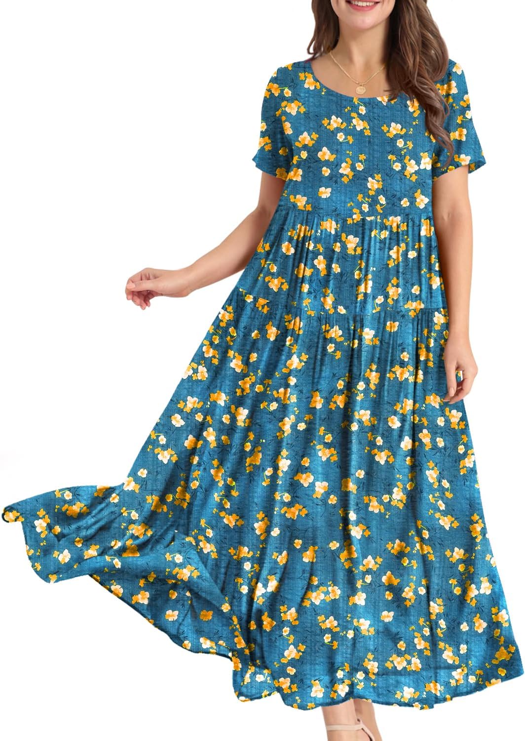 YESNO Women Casual Bohemian Floral Maxi Dress with Pockets