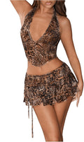 SOLY HUX Y2k Leopard Skirt Set - Sexy Halter Crop Top & Ruffle Mini