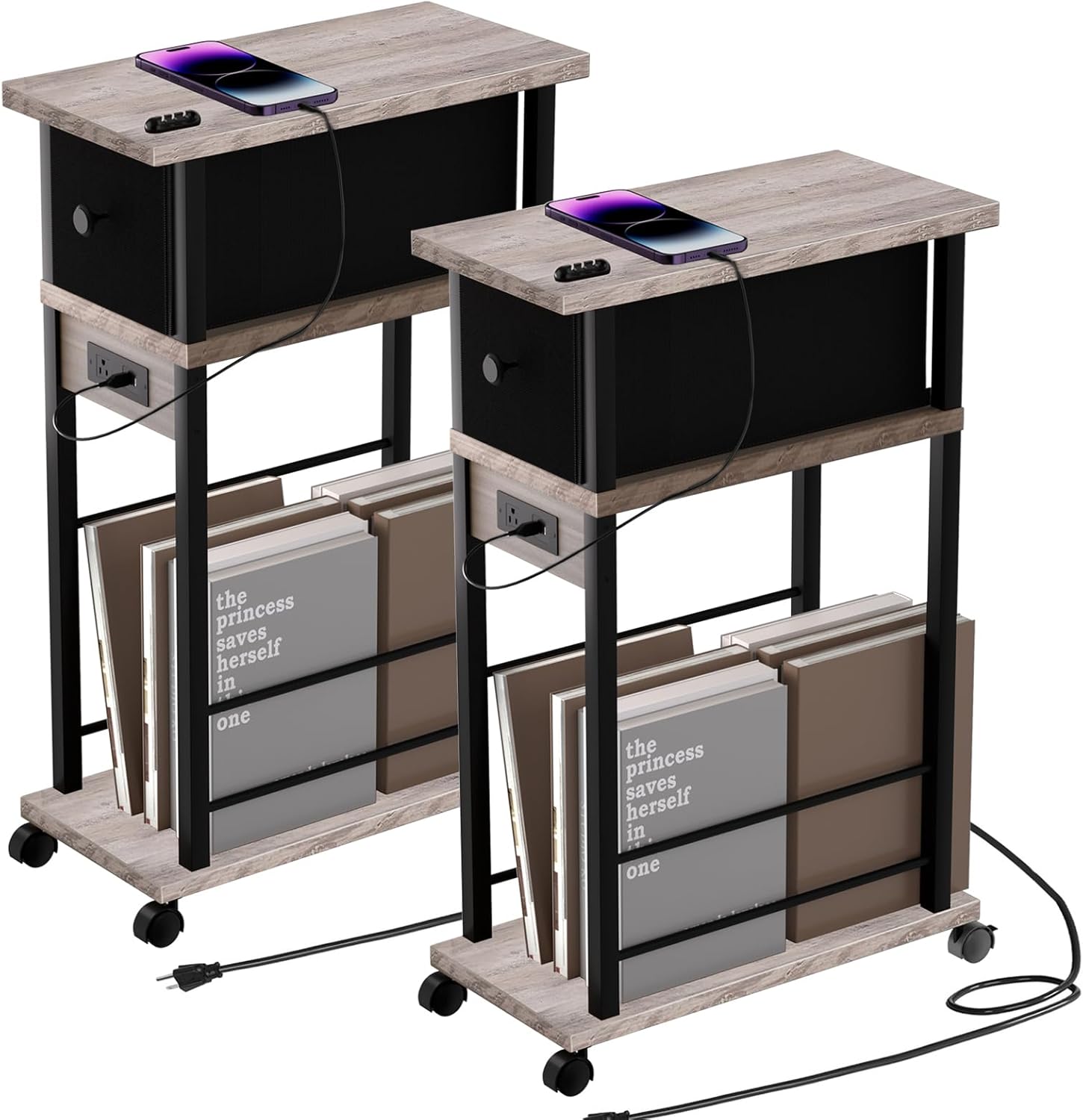 Side Table Set of 2 with Charging Station and Drawer for Small Spaces