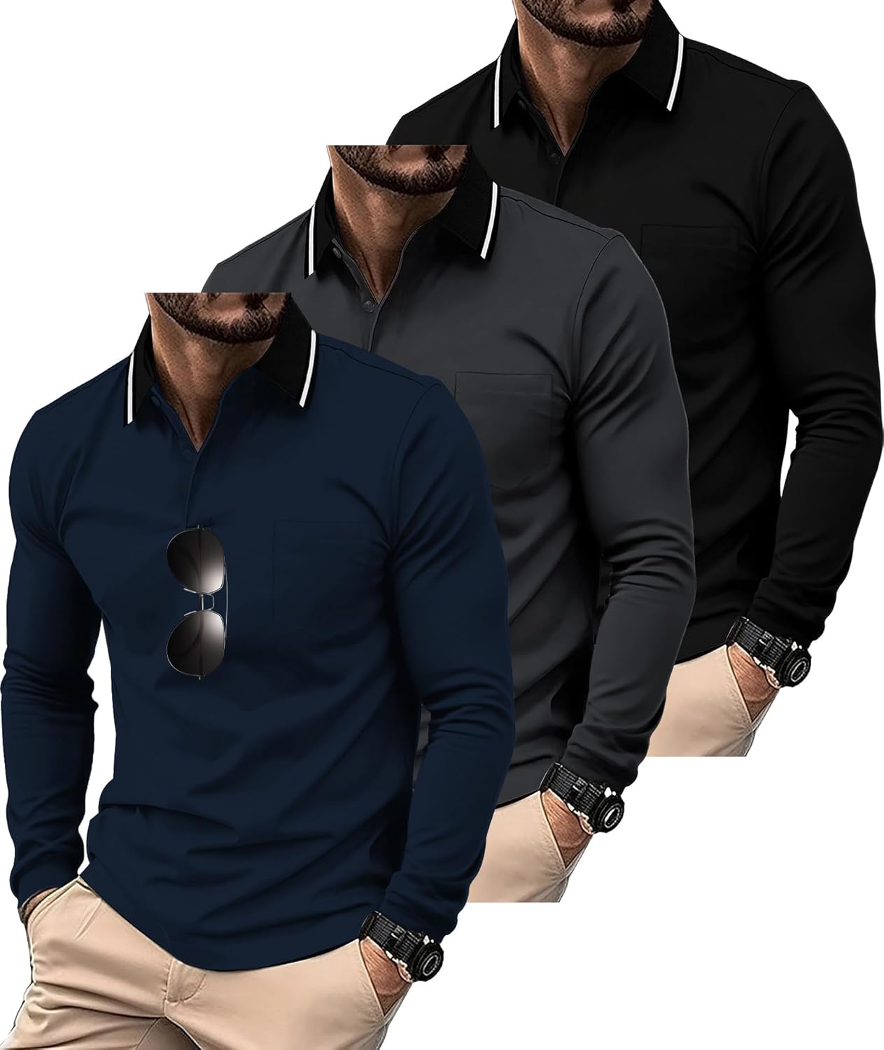 ZITY 3 Pack Men Long Sleeve Polo Shirts for Casual Work and Golf