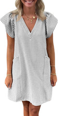 Striped V-Neck Mini Dress for Women - Puff Sleeve Casual Summer Dress