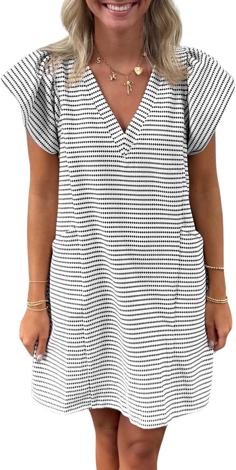 Striped V-Neck Mini Dress for Women with Puff Sleeves