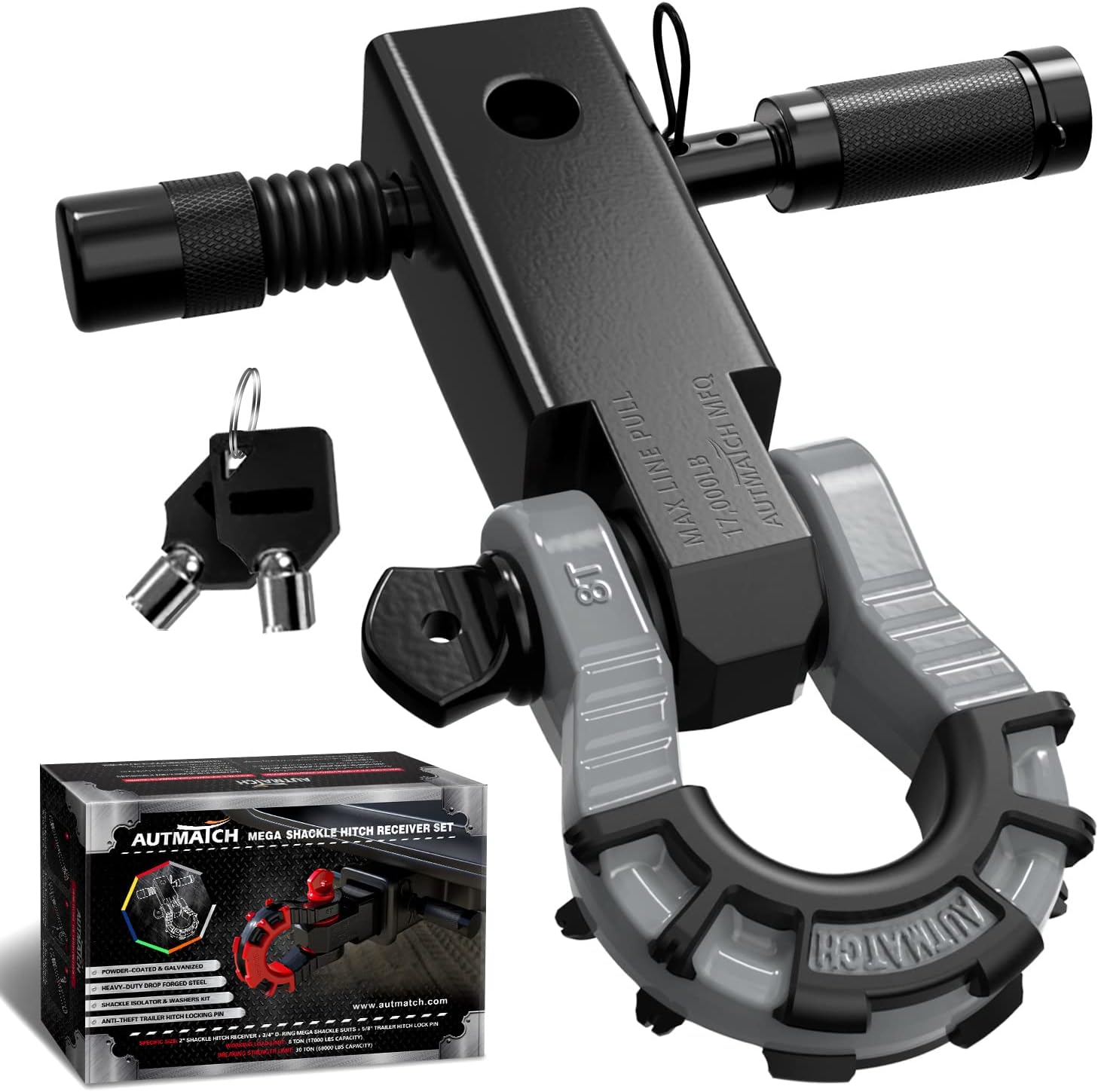 AUTMATCH Shackle Hitch Receiver 2in with Heavy Duty D Ring