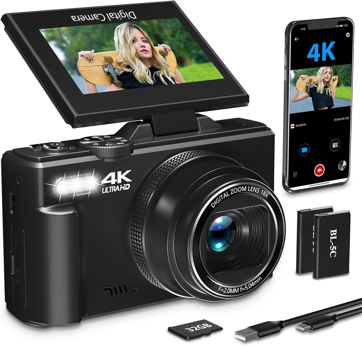 NIKICAM 4K Vlogging Camera: 64MP, WiFi, 18X Zoom
