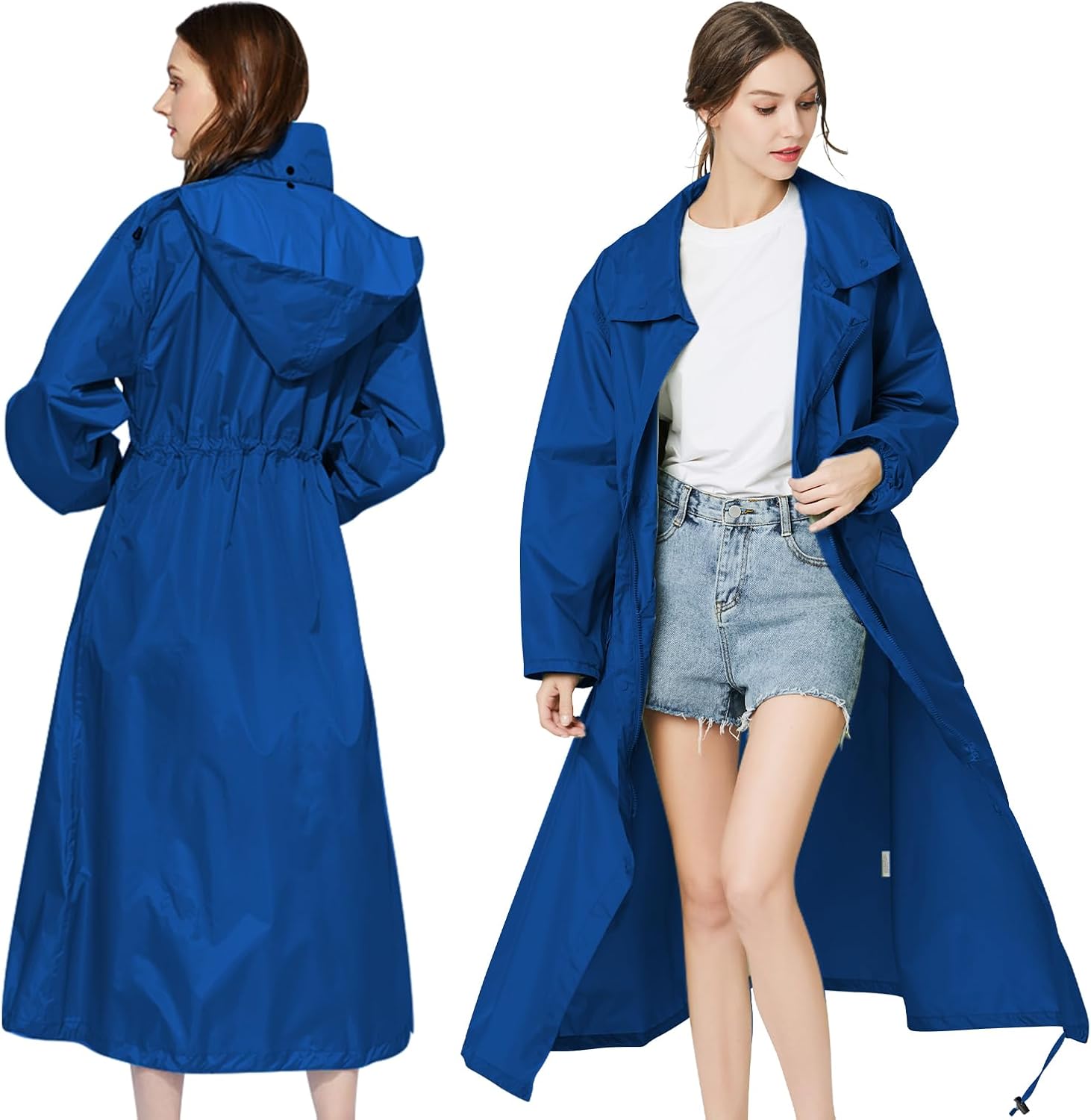 Womens Long Raincoats Waterproof Packable Hooded Windbreaker