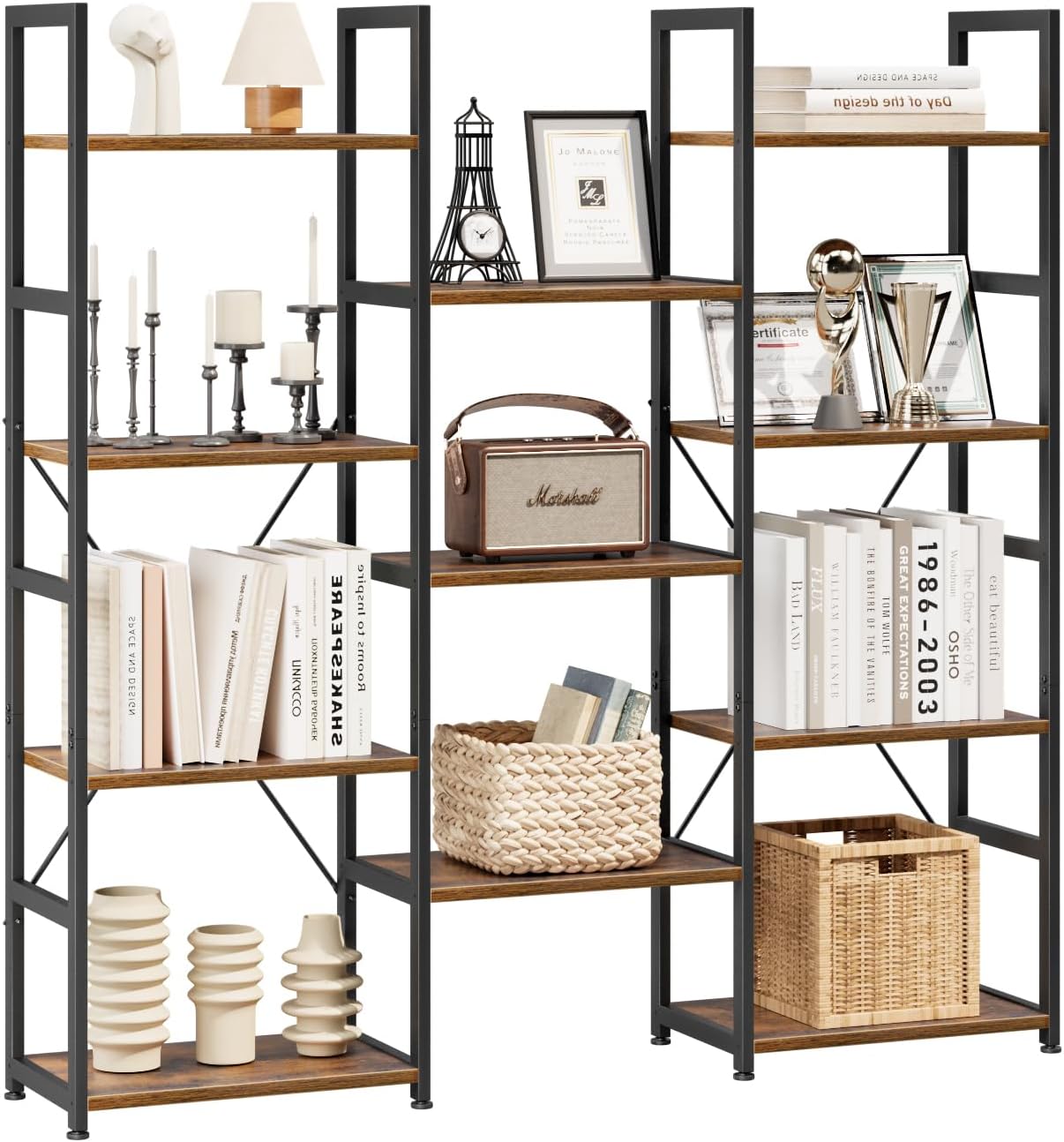 NUMENN Triple Column 4 Tier Bookshelf with 11 Open Shelves
