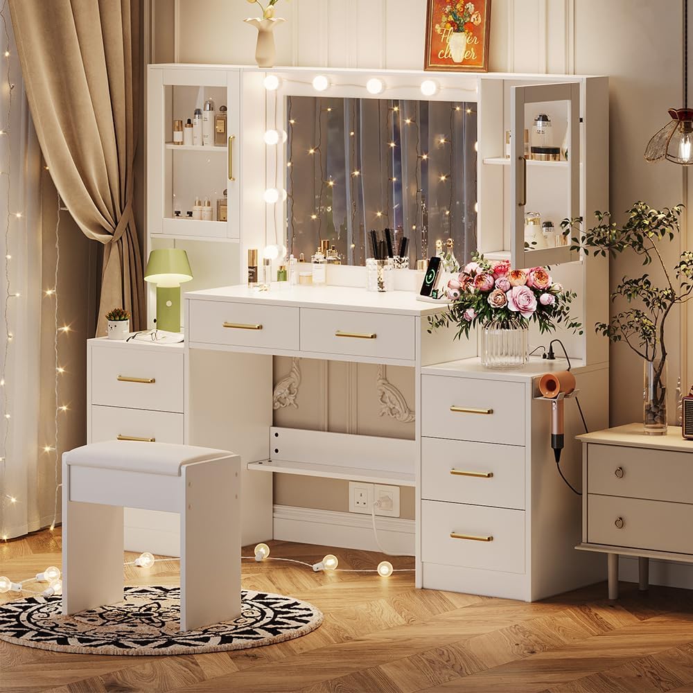 58.3 in Vanity Desk with Mirror, Lights & Charging Station
