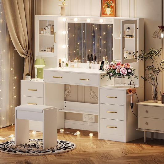 58.3 in Vanity Desk with Mirror, Lights & Charging Station