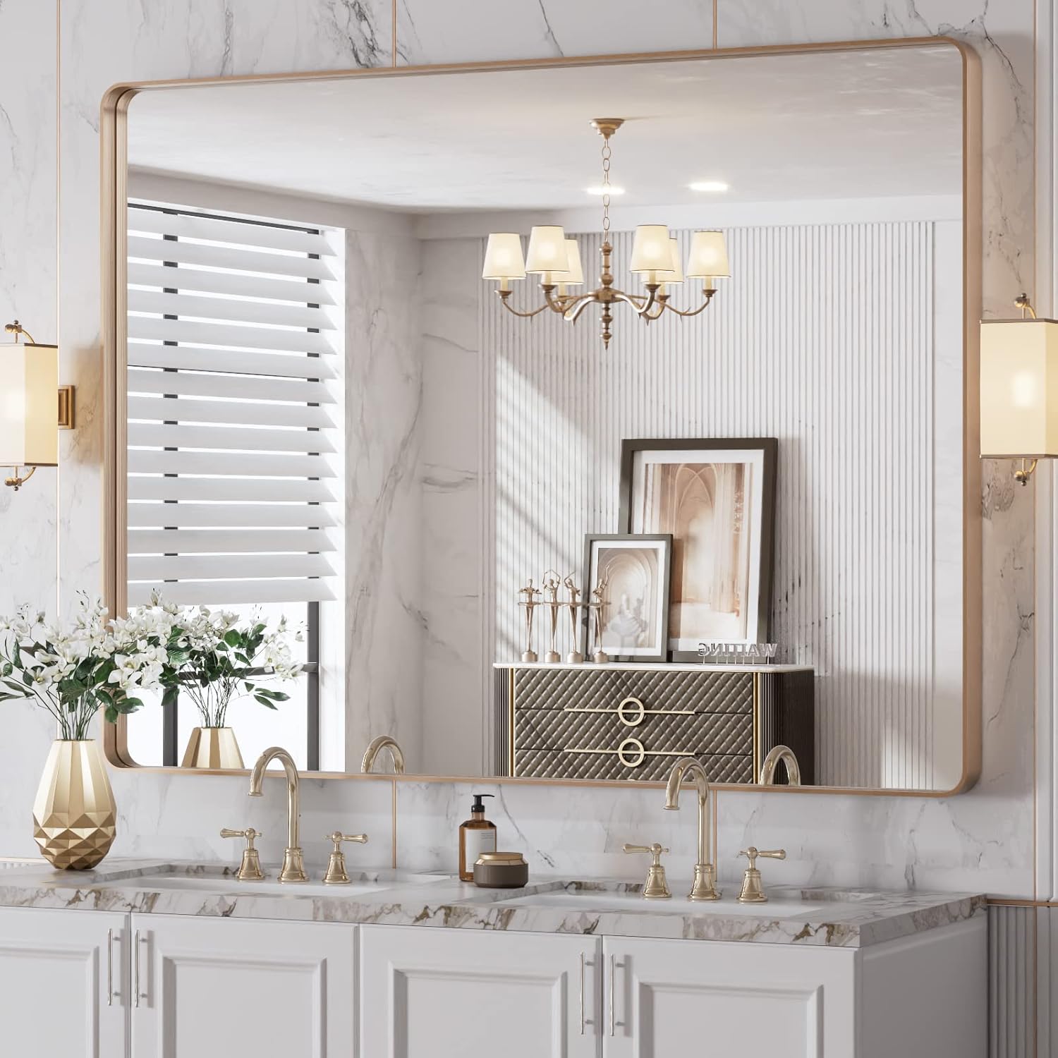 48X36 Gold Bathroom Mirror with Rounded Rectangle Frame Design