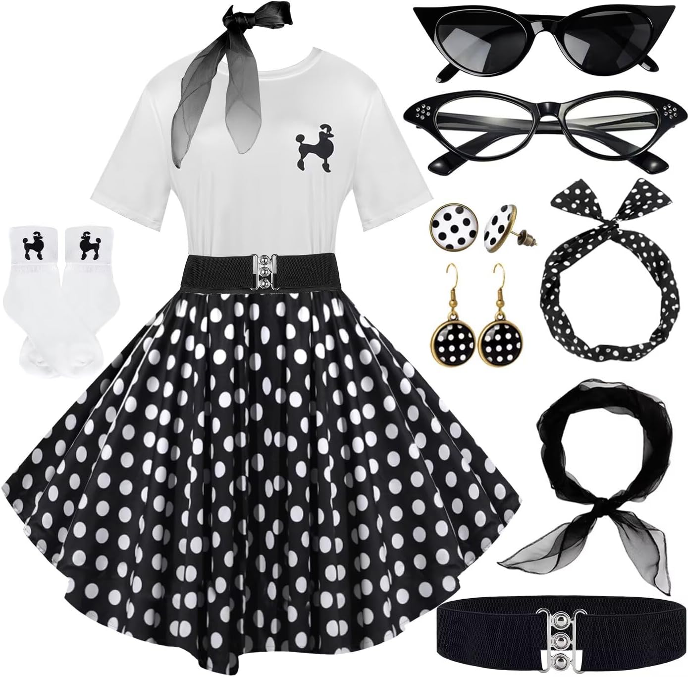 10Pcs Sock Hop Outfits Women with 1950s Poodle Skirts
