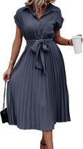 ECOWISH Womens Casual Midi Dress V Neck Belted - Flattering Everyday