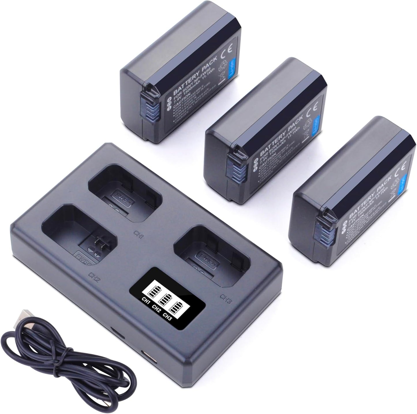3-Pack NP-FW50 Replacement Battery with Smart Charger for Sony