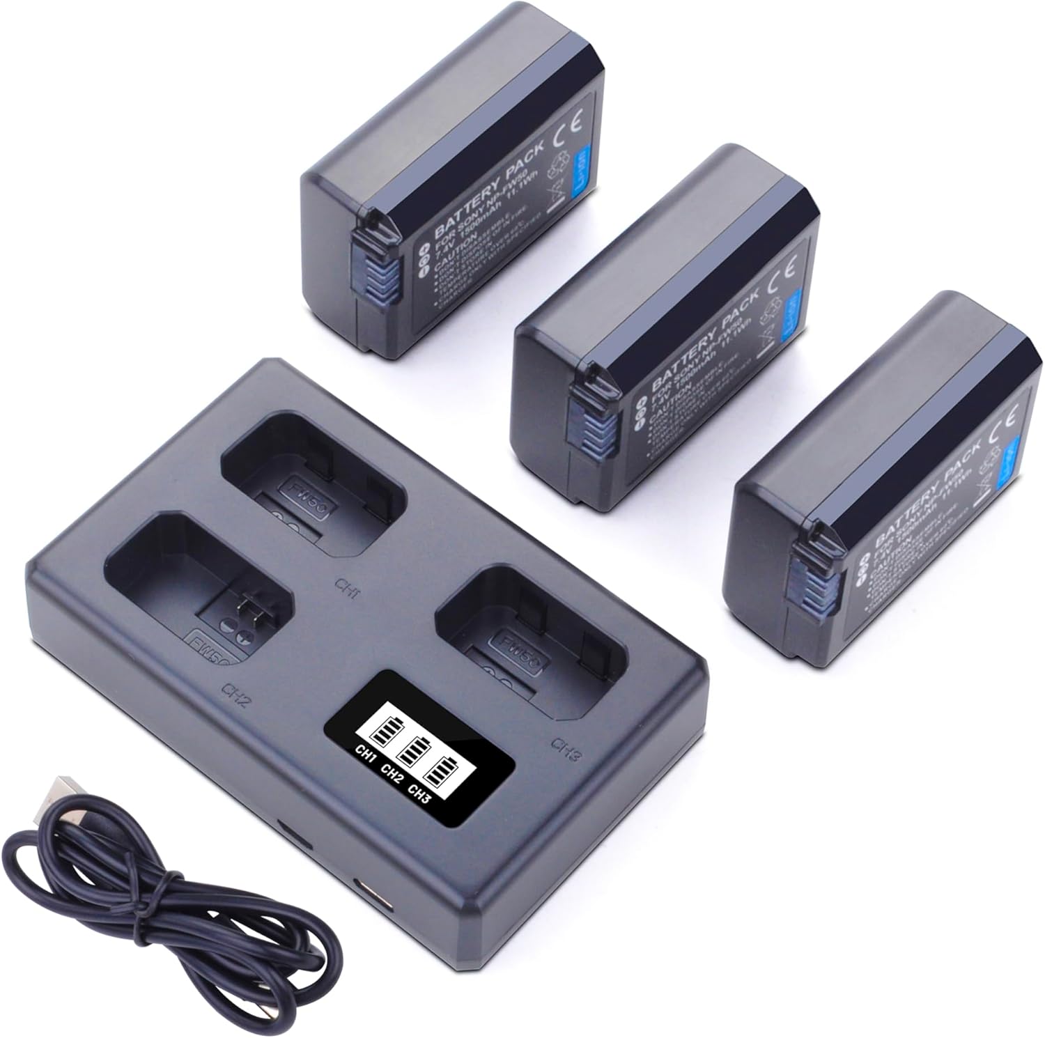 3-Pack NP-FW50 Replacement Battery with Smart Charger for Sony