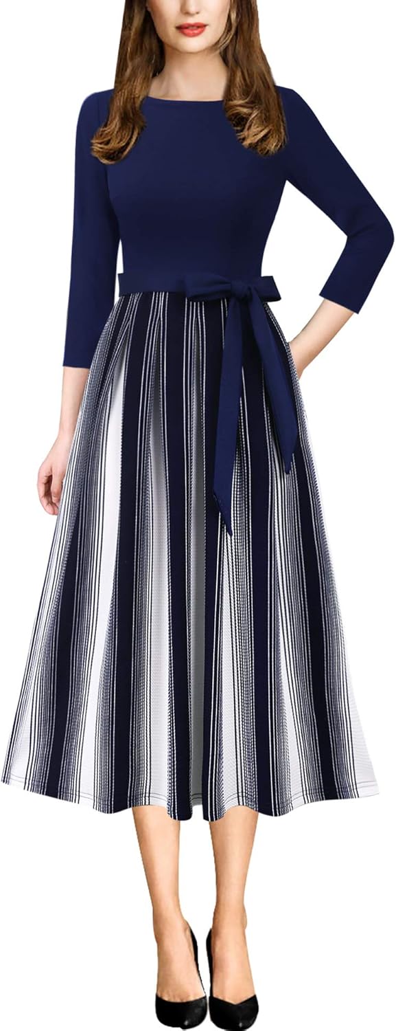 Elegant Pockets Belted A-Line Midi Dress for Women