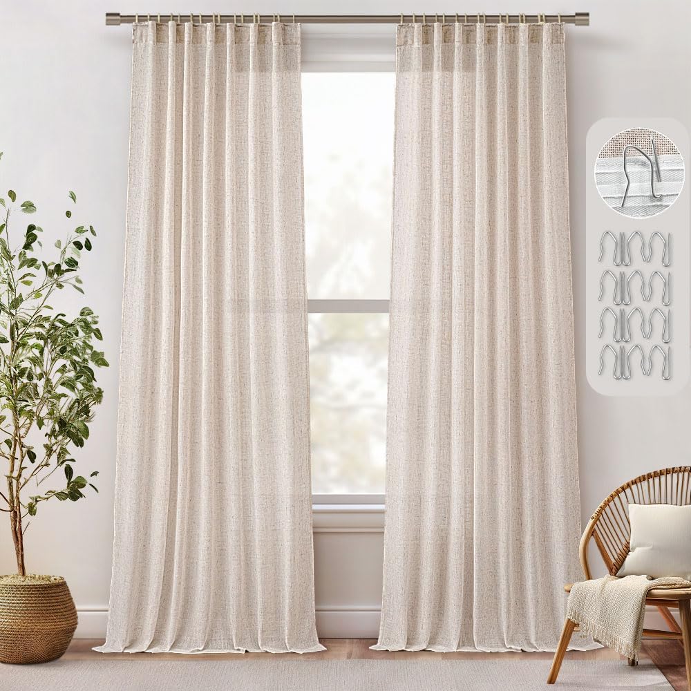 MIULEE Natural Linen Curtains 105 Inches Long for Home Decor