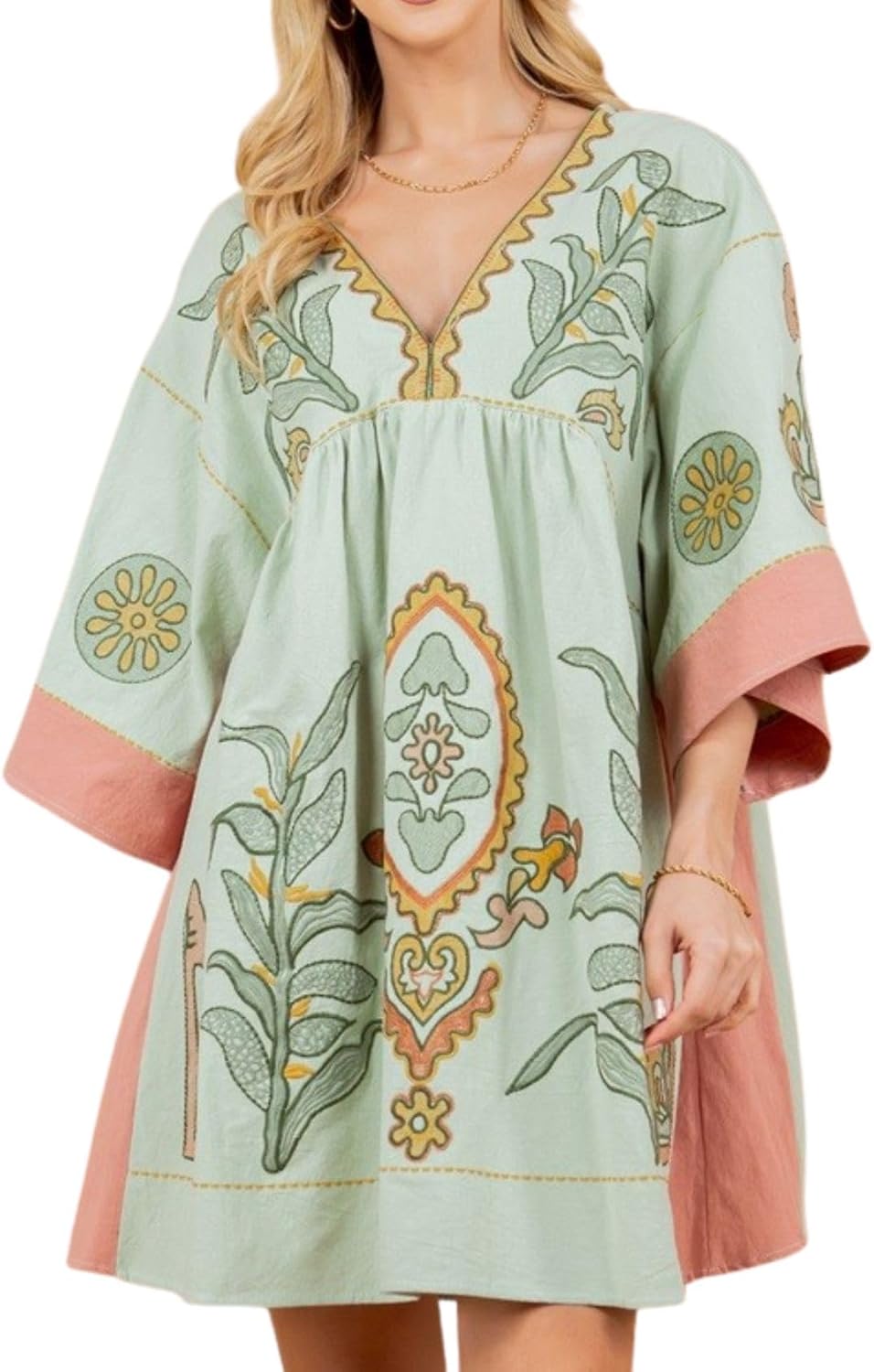 Womens Oversized Embroidered Dress with V-Neck and 3/4 Sleeves