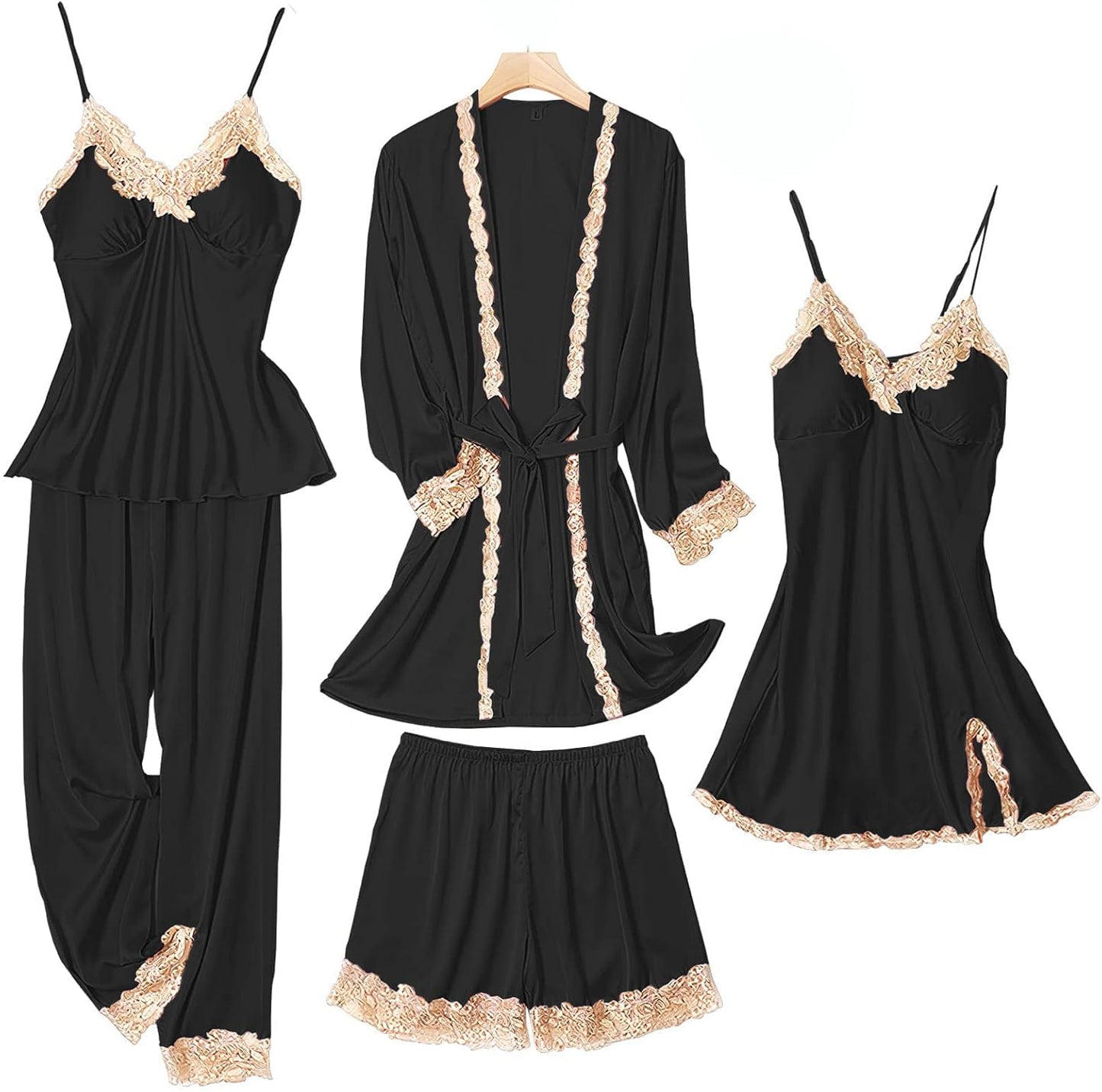 Silk Pajama Set for Women - 5PCS Cute Sleepwear Loungewear