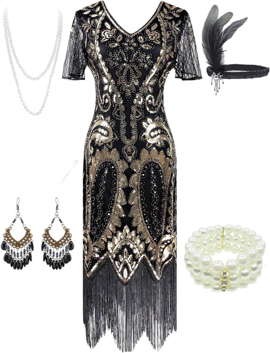 1920s Gatsby Inspired Flapper Dress with Accessories Set