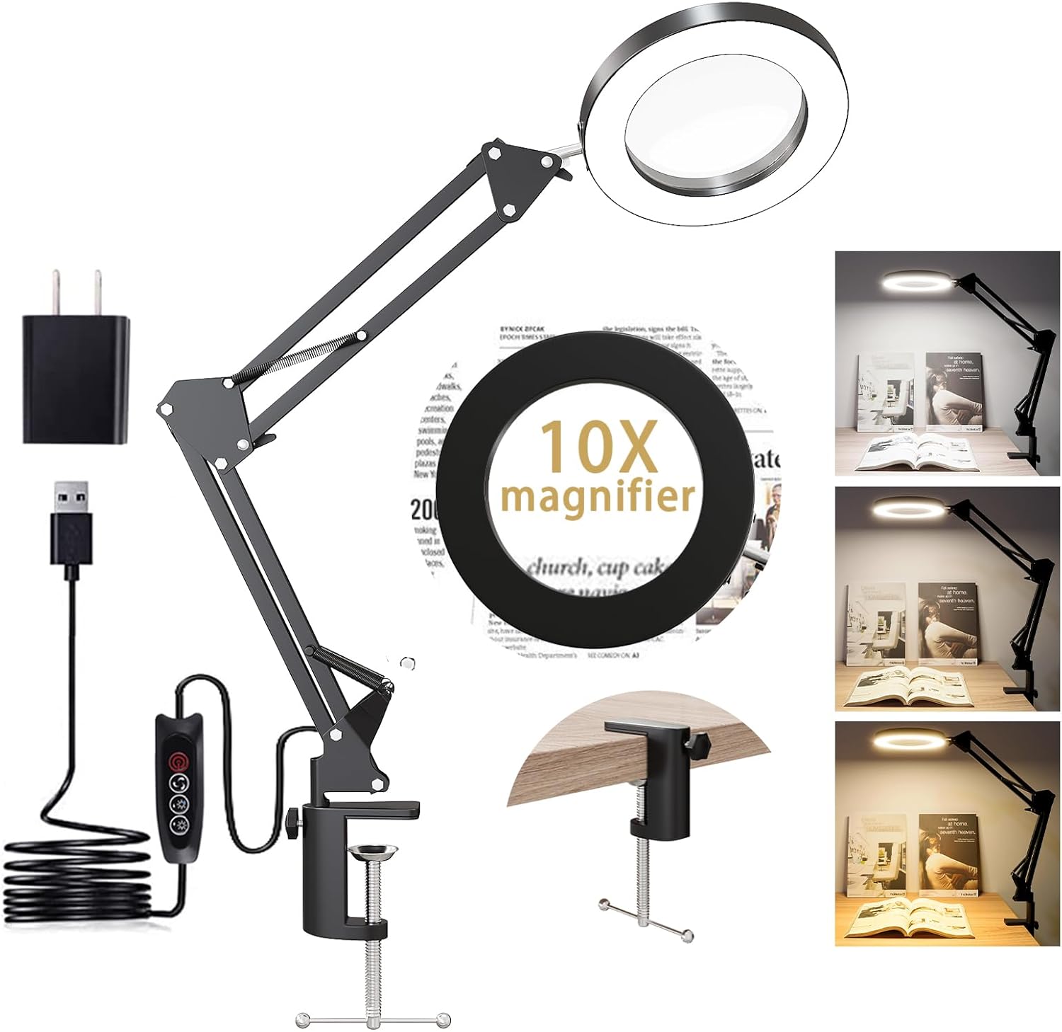 10X Desk Magnifying Glass with Light for Close Work and Reading