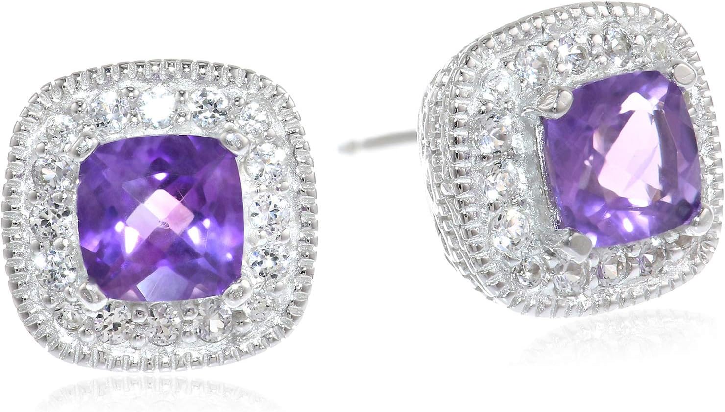 Cushion Cut Garnet Halo Stud Earrings in Sterling Silver