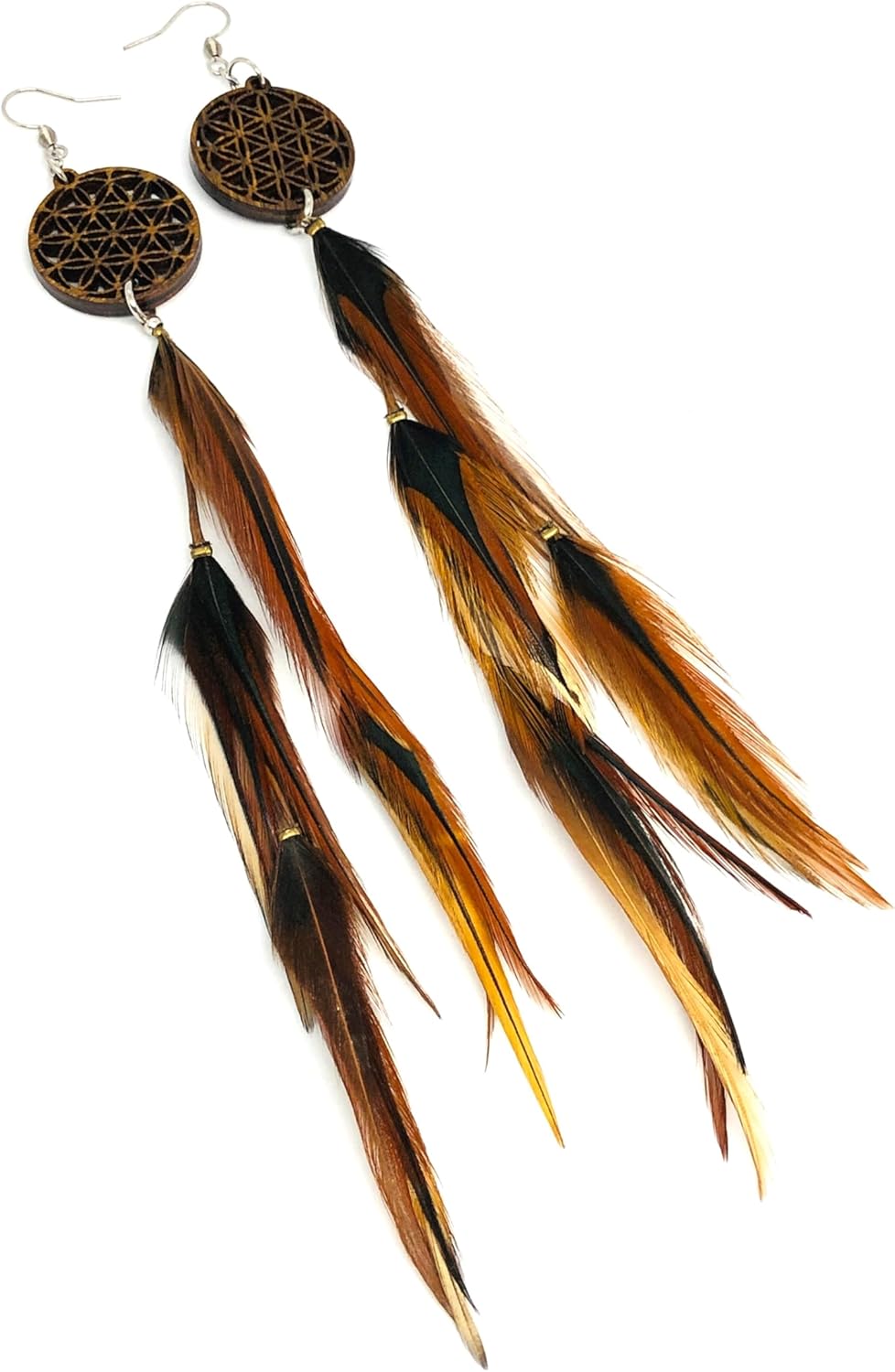 Long Boho Feathers Earrings with Flower of Life Design