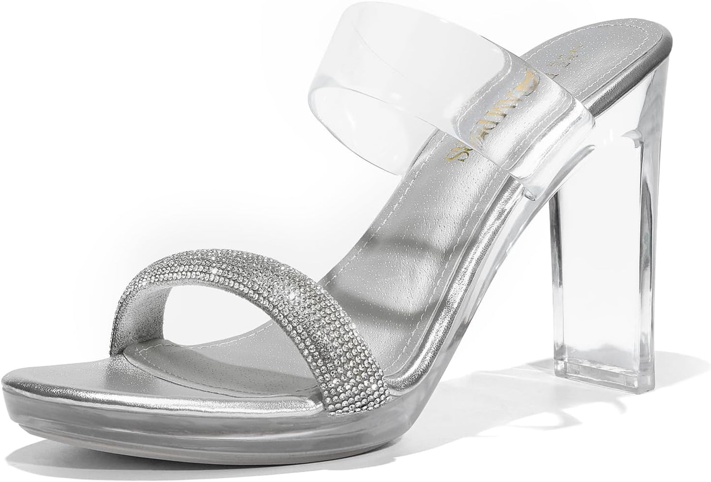 DREAM PAIRS Women's Clear Two Strap Open Toe High Block Heels