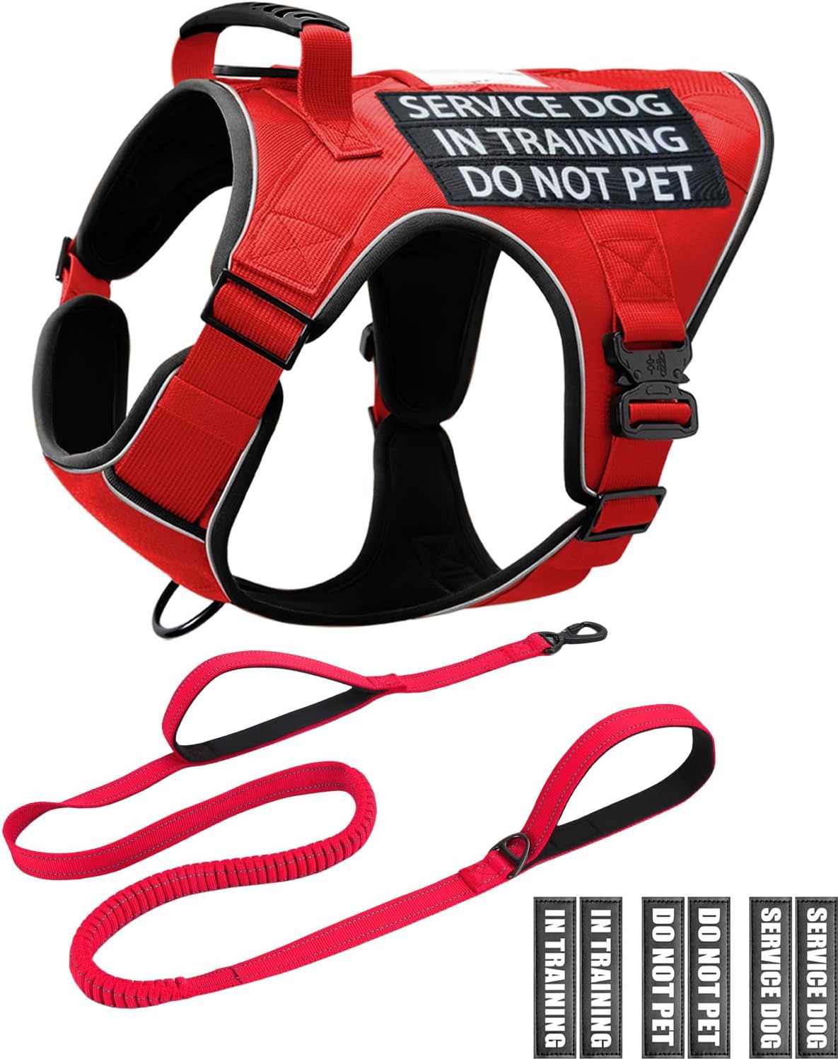 Reflective Red Service Dog Vest Harness Set for Training and Hiking
