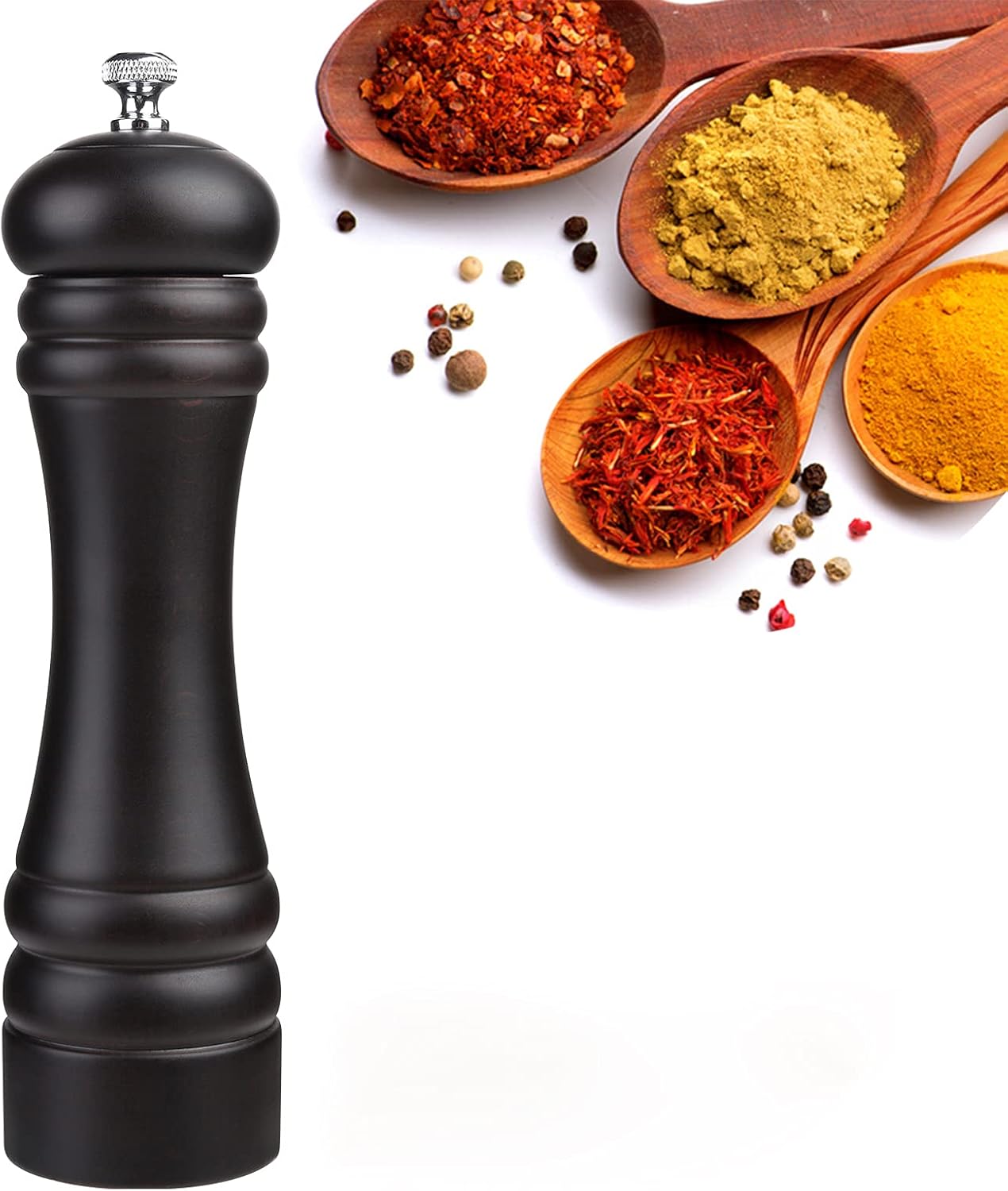 Black 12 Inch Tall Wood Pepper Grinder with Adjustable Coarseness