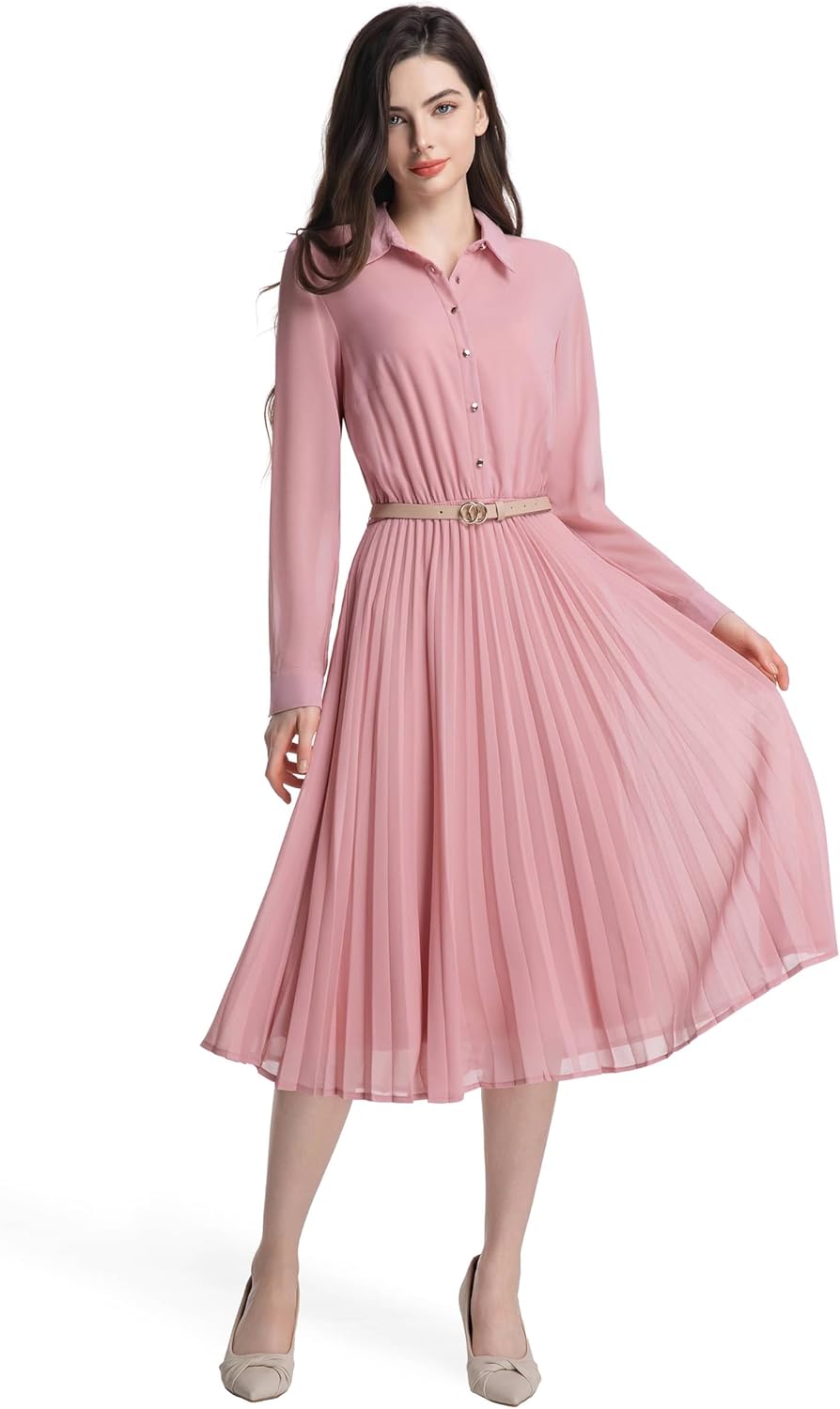 Business Casual Shirt Dress for Women with Pleated Midi Design