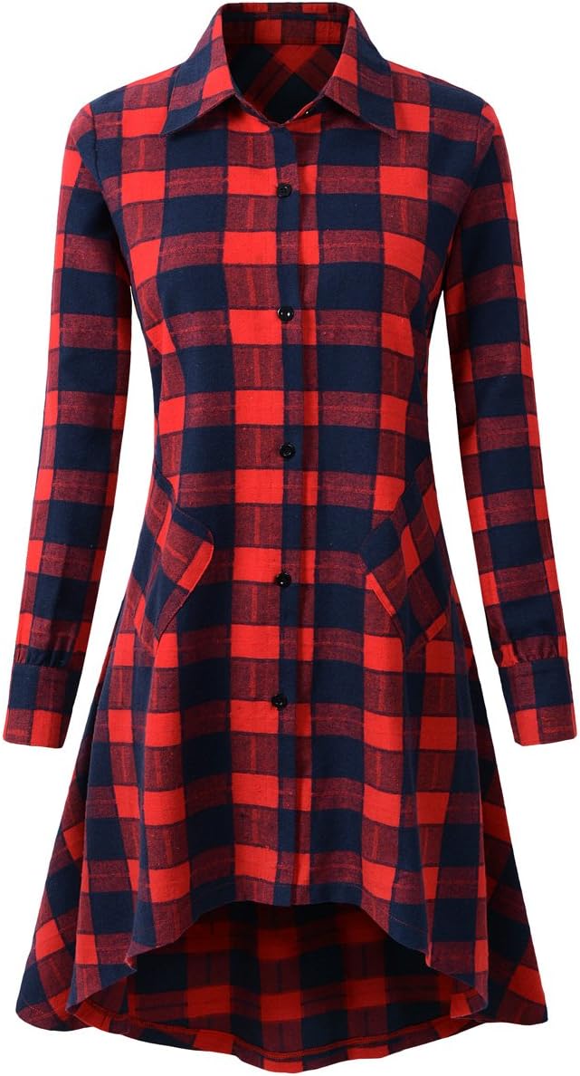 Olrain Womens Plaids V Neck Long Sleeve Casual Shirt Dress