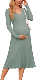 Women's Fall Maternity Midi Wrap Dress - Pleated V Neck Comfort