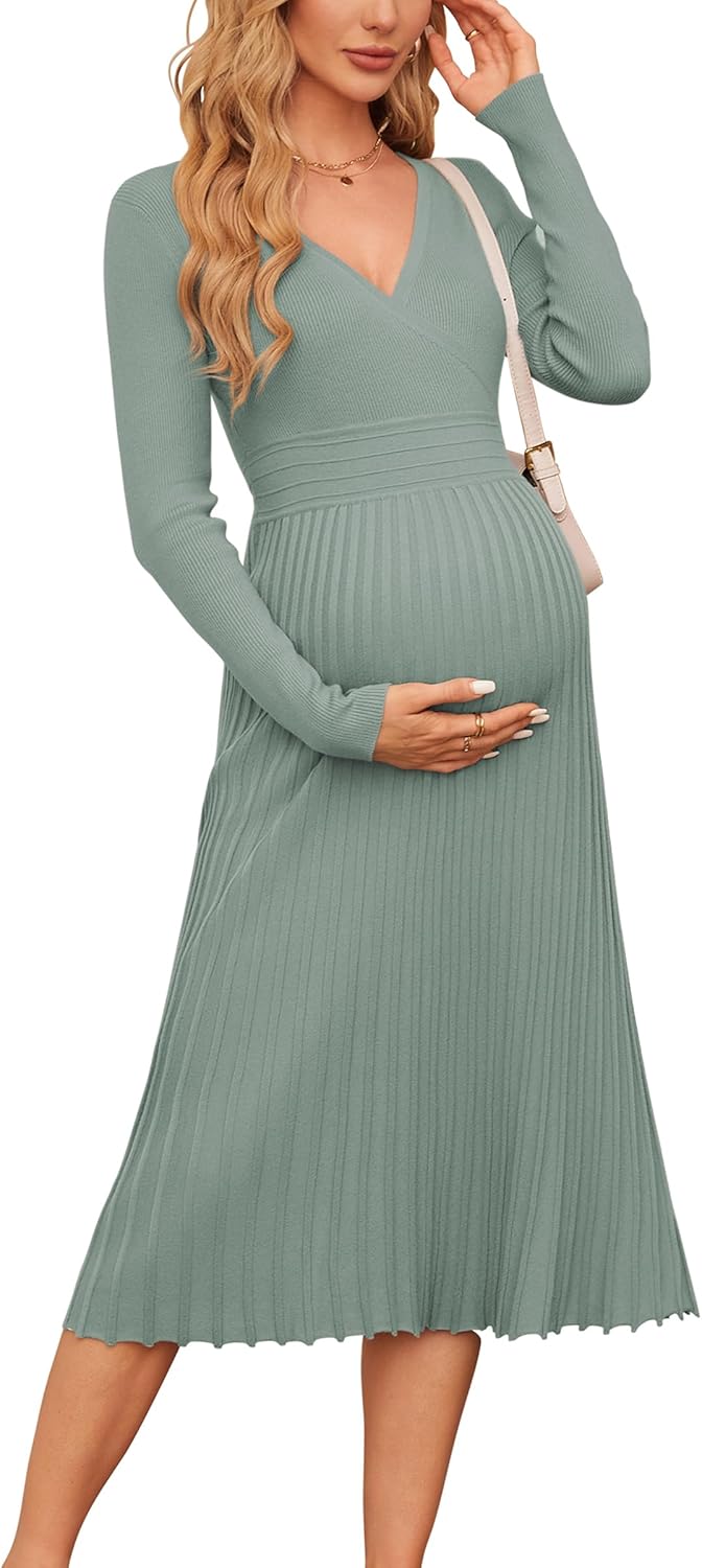 OUGES Women's Fall Maternity Midi Dress for Stylish Comfort