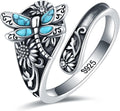 S925 Sterling Silver Abalone Dragonfly Turquoise Spoon Ring - Vintage
