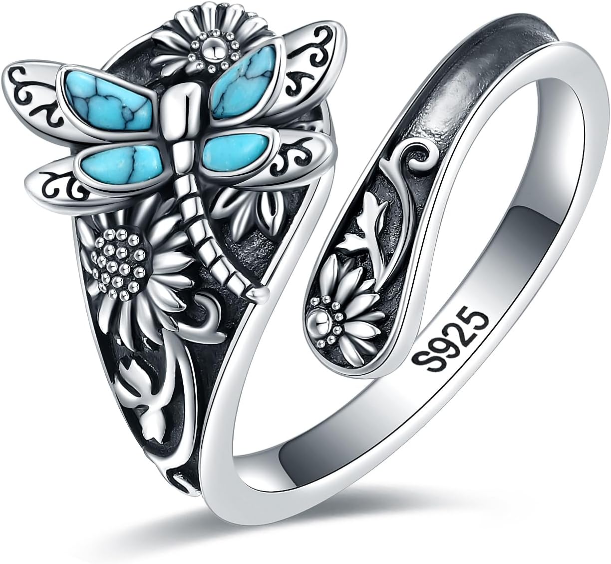 S925 Sterling Silver Abalone Dragonfly Turquoise Spoon Ring