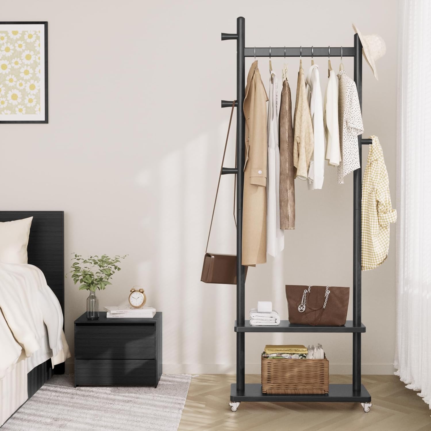 Freestanding Coat Rack with Wheels & Shelves for Easy Storage