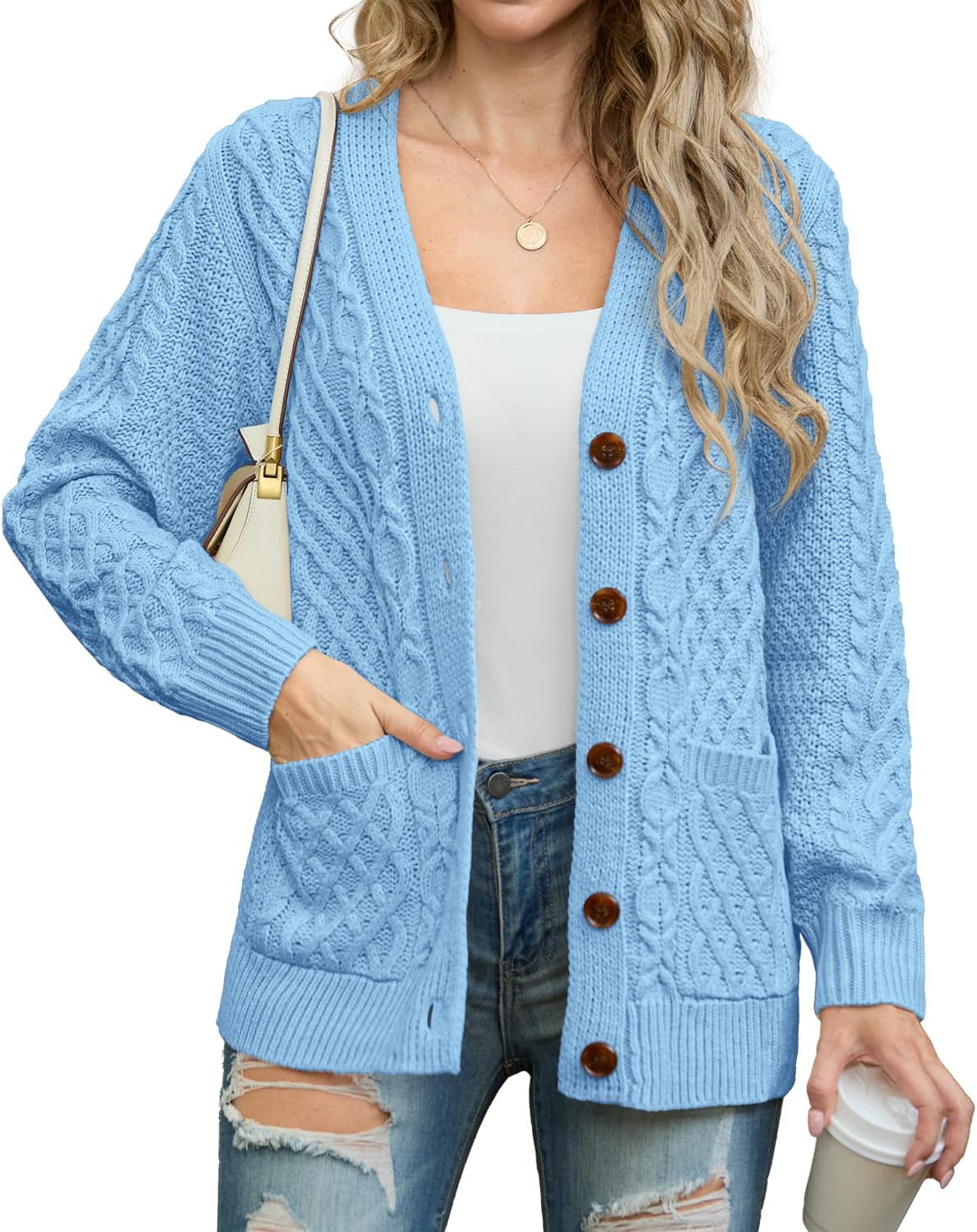 GRECERELLE Women Long Sleeve Cable Knit Sweater Cardigan with Pockets