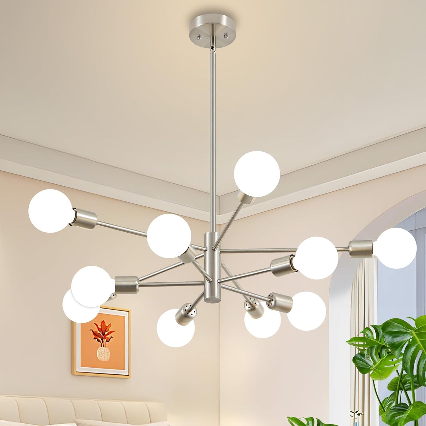 Sputnik Chandelier Modern Brushed Nickel Lighting Fixture for Home