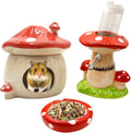 Ceramic Mushroom Hamster Hideout with Water Bottle and Feeding Bowl