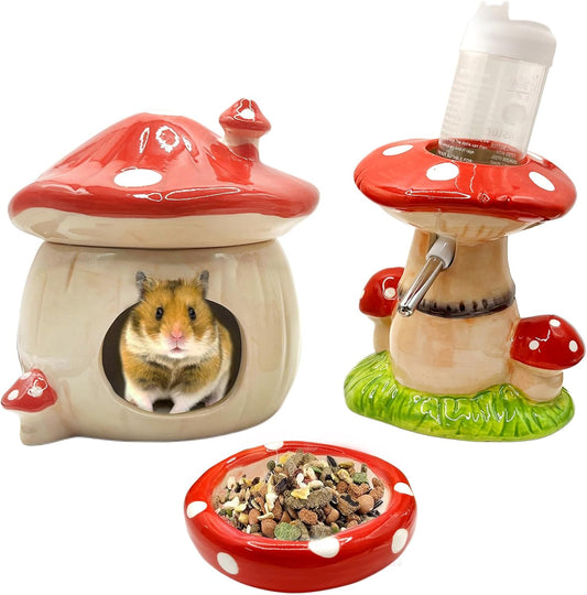 Mushroom Ceramic Hamster Hideout with Water Bottle and Bowl