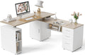 FEZIBO 63 L-Shaped Standing Desk with File Cabinet - White/Light Walnut