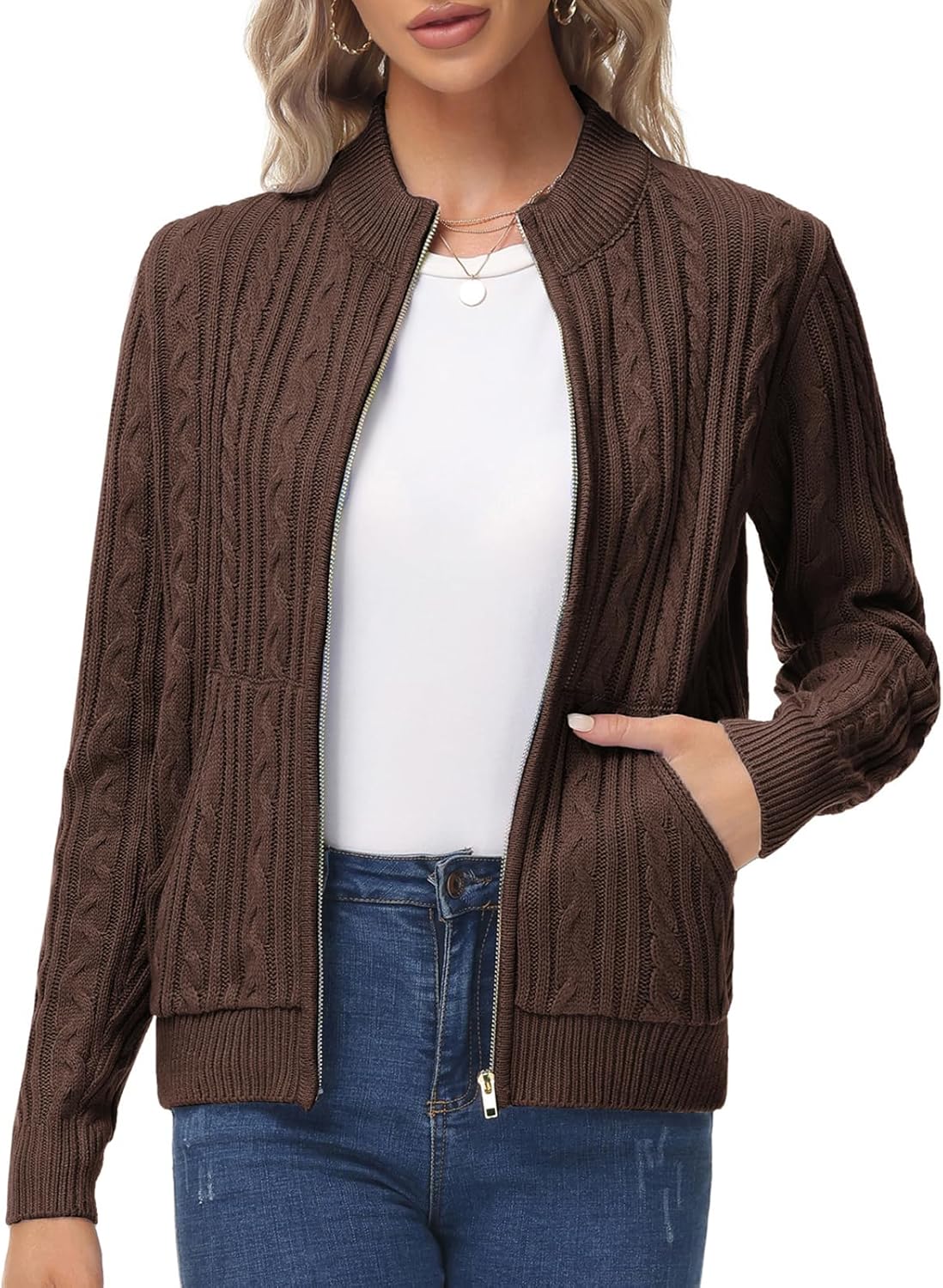 KANCY KOLE Women's Zip Up Cable Knit Sweater Cardigan with Pockets