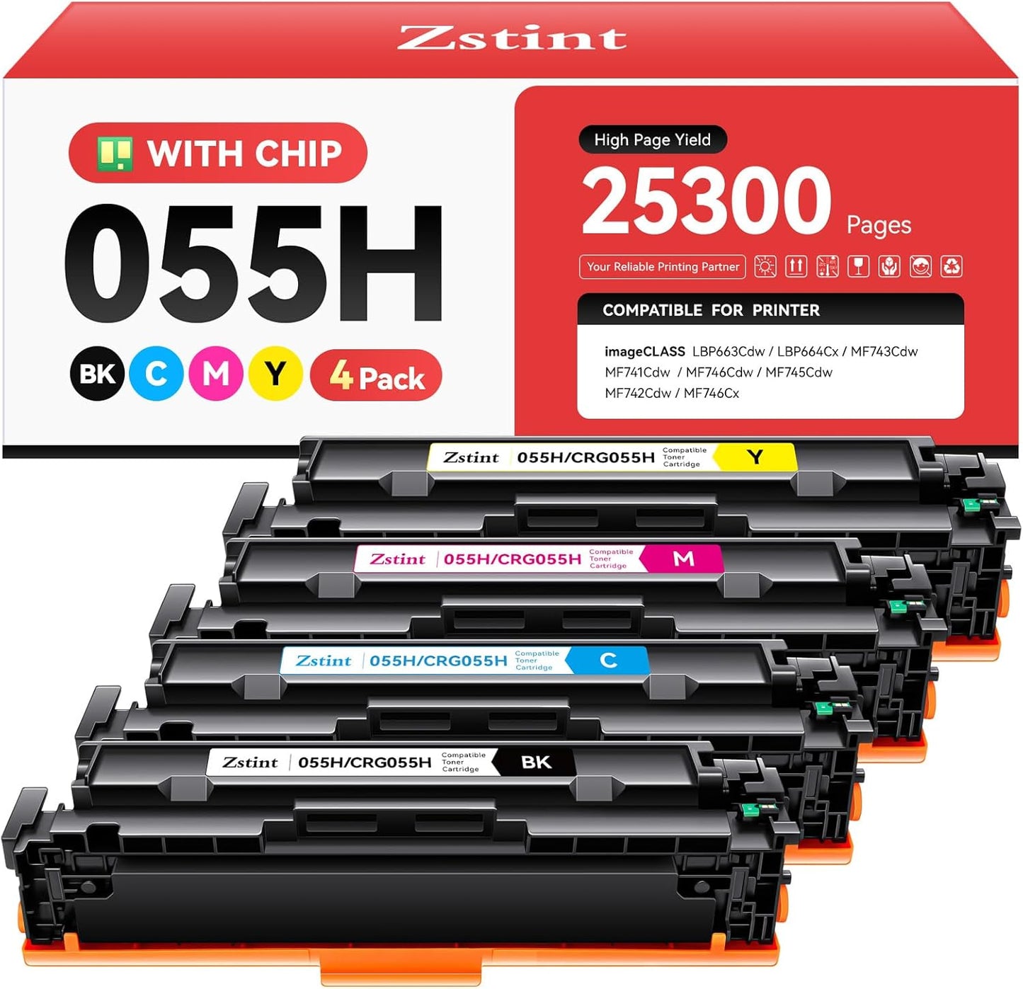 High Yield 055H Toner Cartridge 4-Pack for Canon Printers