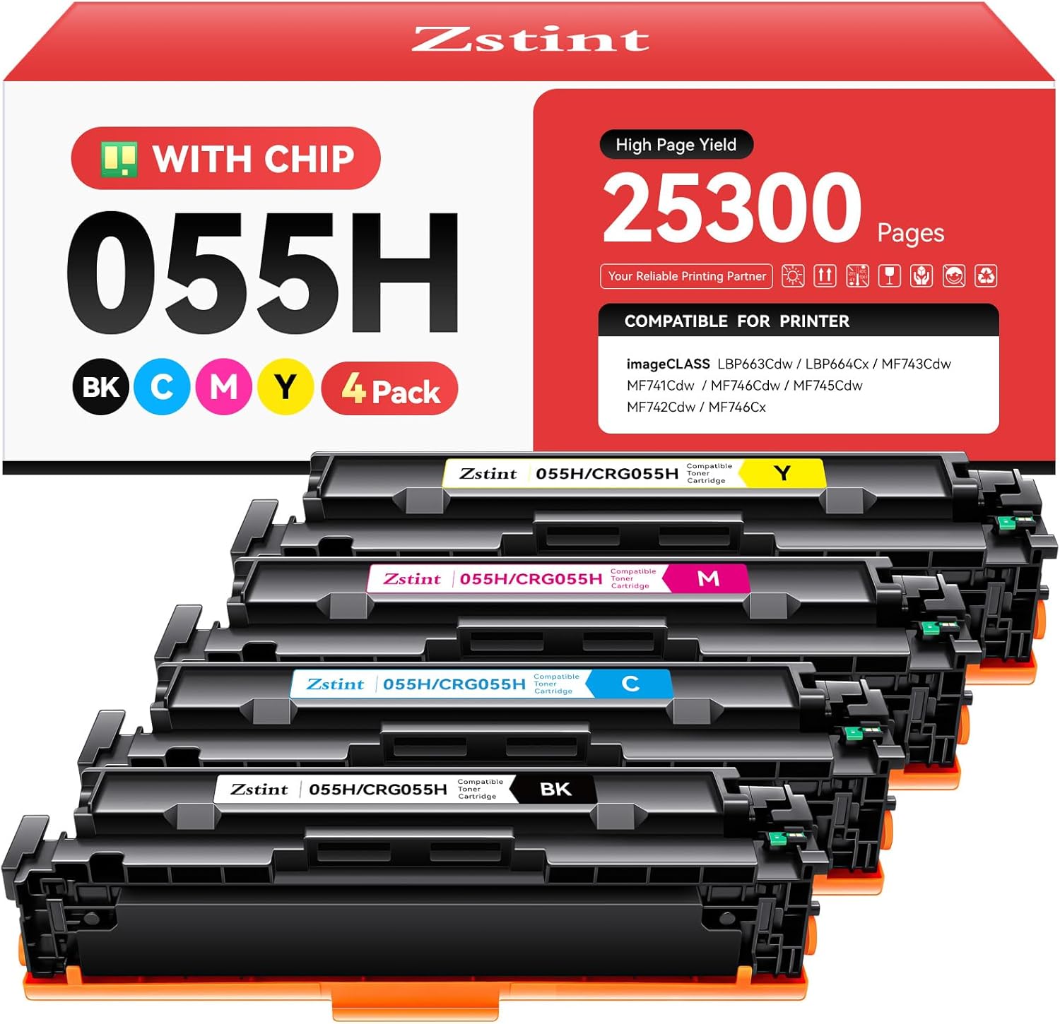 High Yield 055H Toner Cartridge 4-Pack for Canon Printers