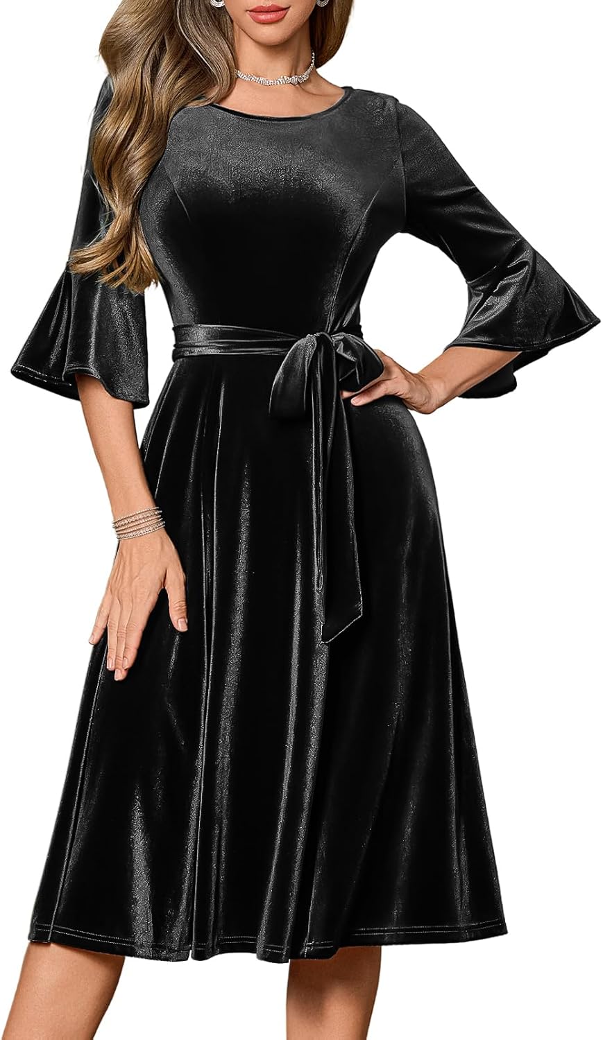 HomRain Women's Long Sleeve Velvet Midi Dress for Winter Events