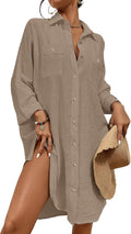 Womens Linen Texture Swim Cover Up Shirt Dress - Flowy Beach Layer