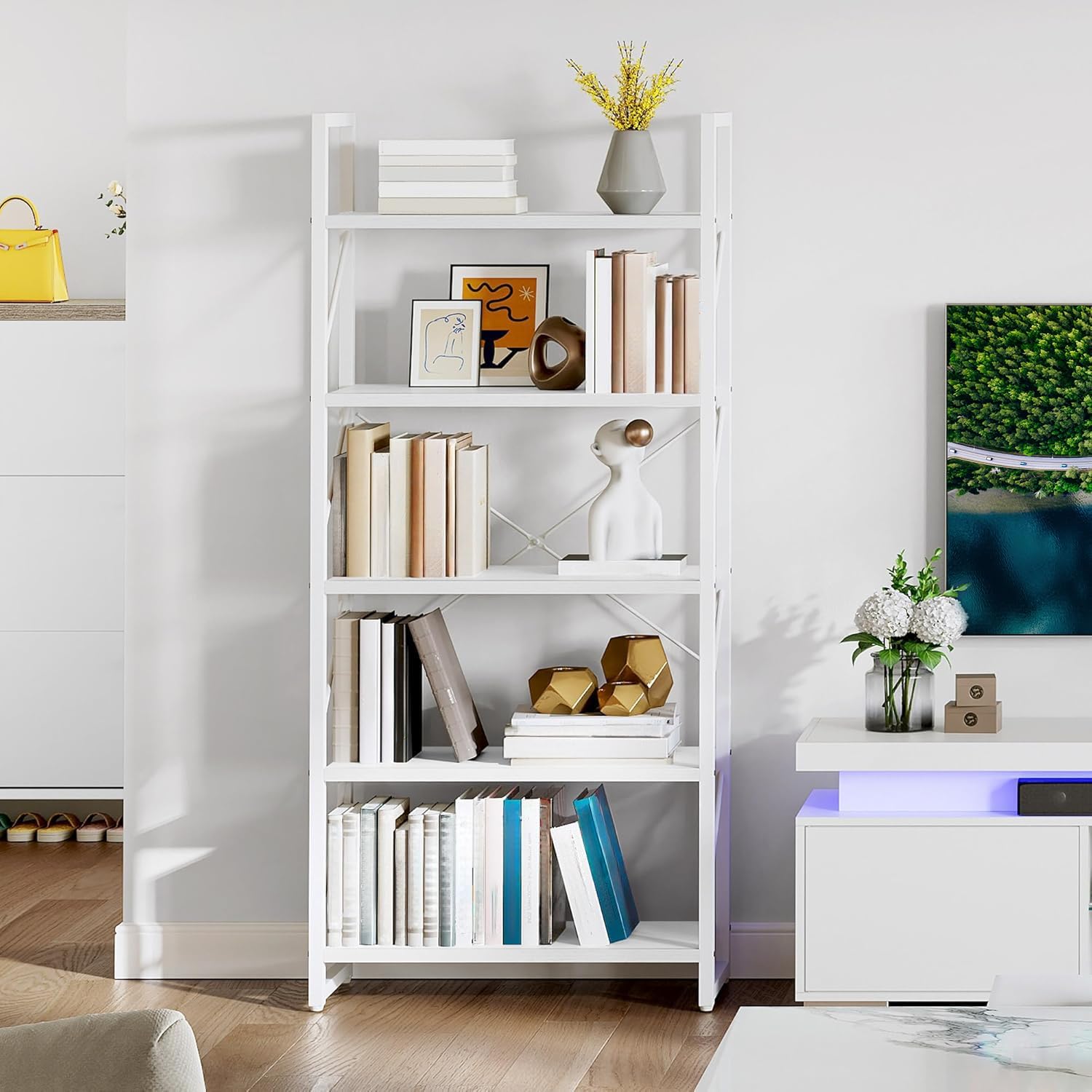 YITAHOME 5 Tiers Bookshelf - Modern White Bookcase for Home