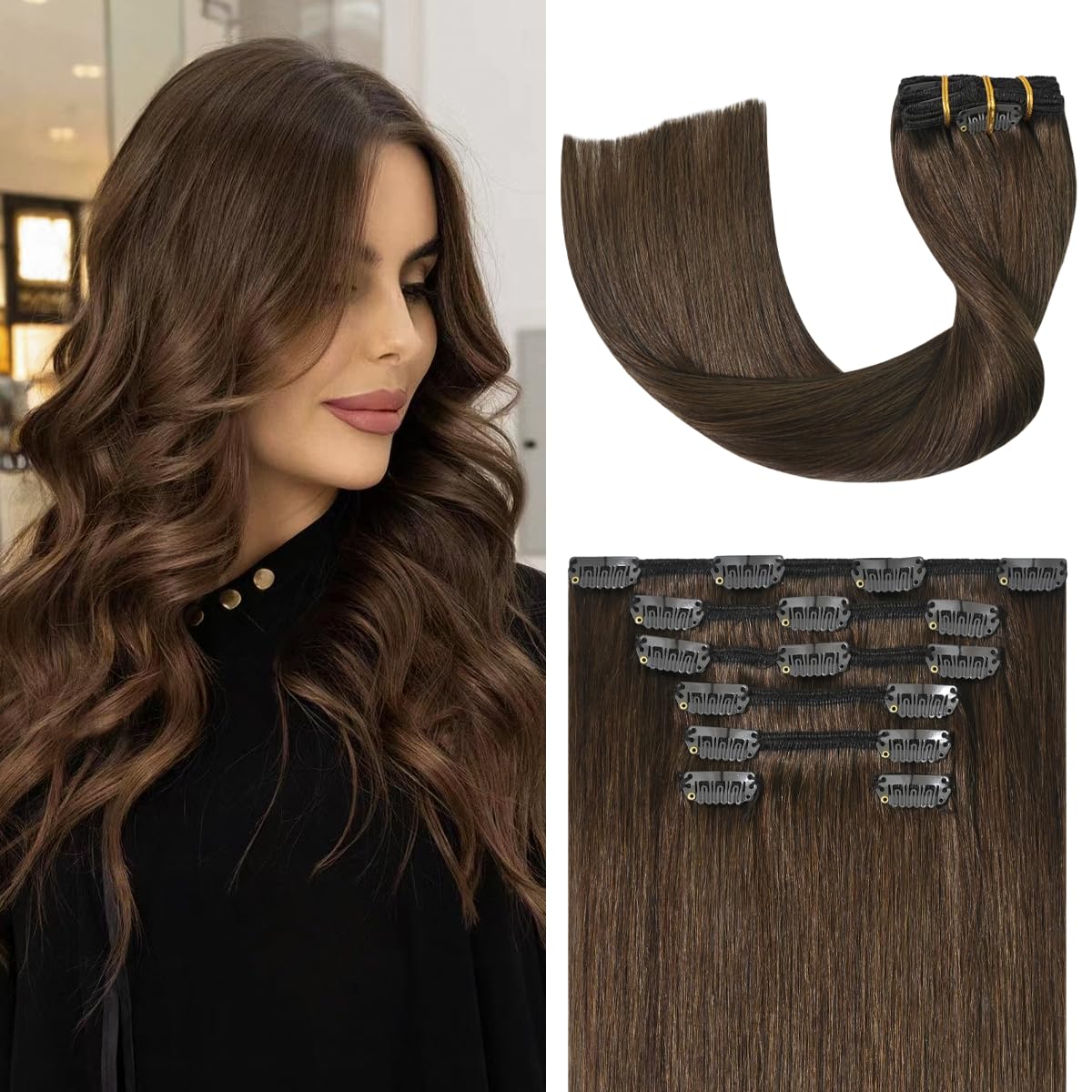 Medium Brown Hair Extensions Clip in 22in Real Human Hair
