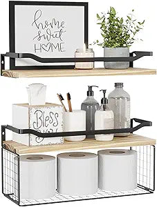 WOPITUES Floating Shelves with Wire Storage Basket for Home