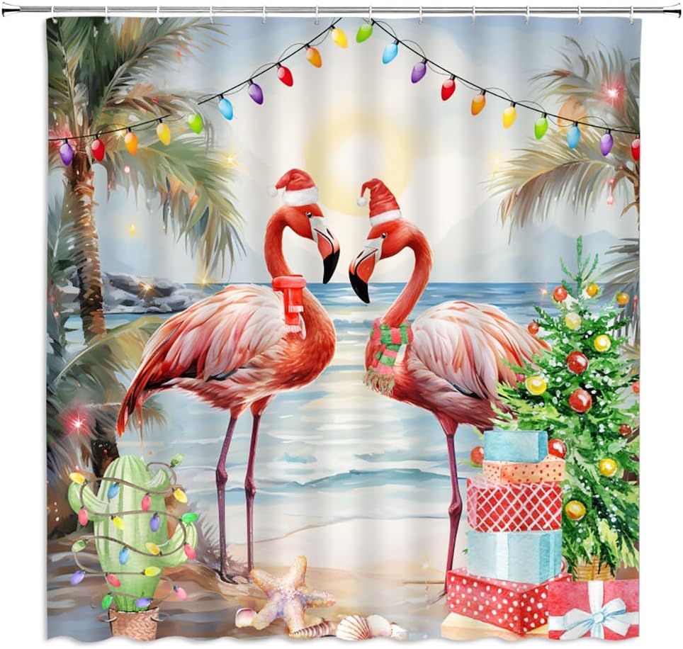 Merry Flamingo Xmas Shower Curtain - Coastal Charm
