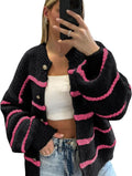 Womens Striped Button Down Cardigan Sweater - Oversized Knit